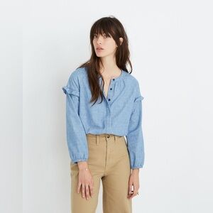 MADEWELL | Denim Collarless Ruffle-Sleeve Shirt | size 3X
